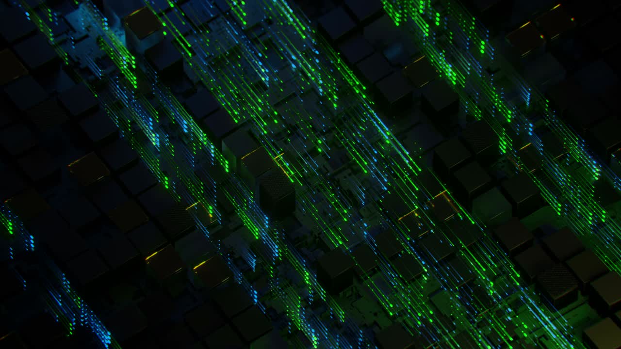 los senderos de luz verde brillante fluyen en 3d, lo que hace que la animación sea un bucle.