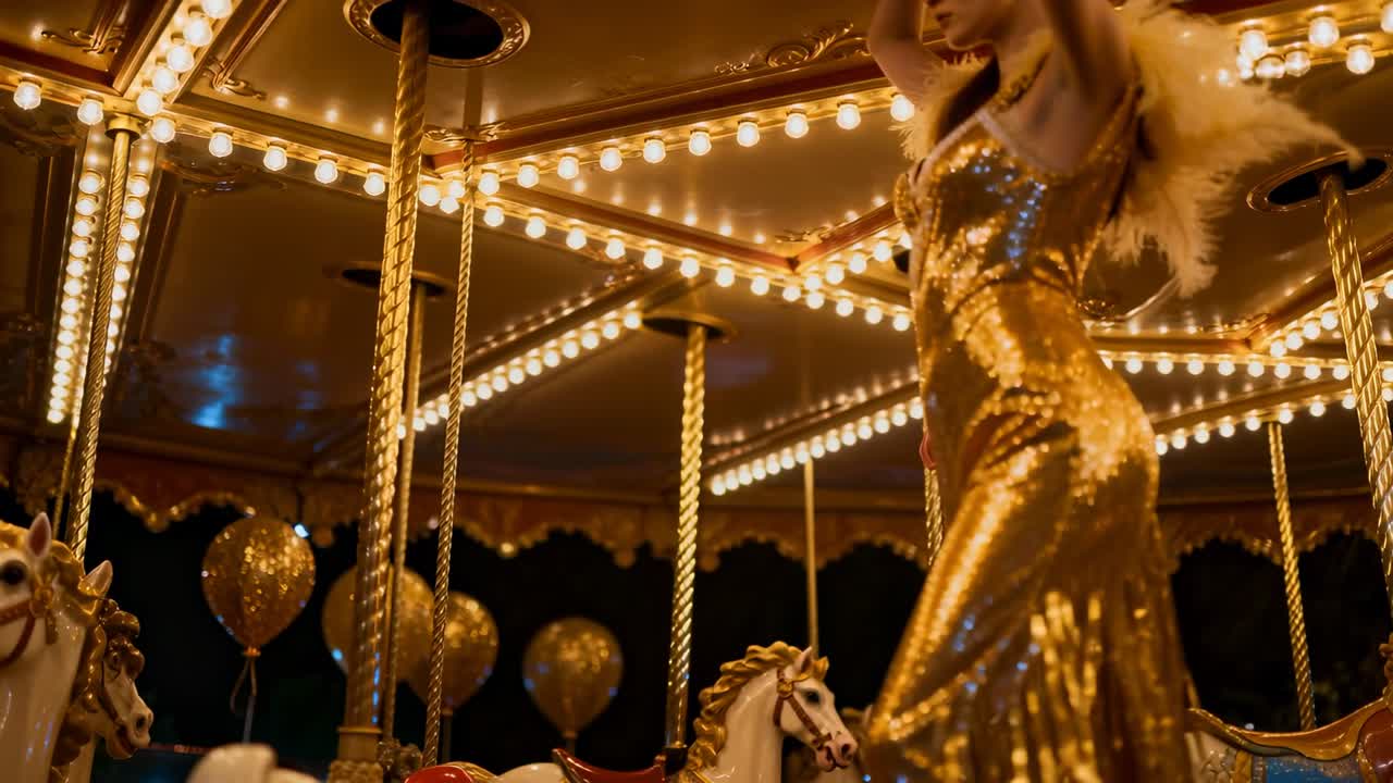 Camera pulling back revealing woman in gold sequin gown adjusting headpiece on carousel, copy space
