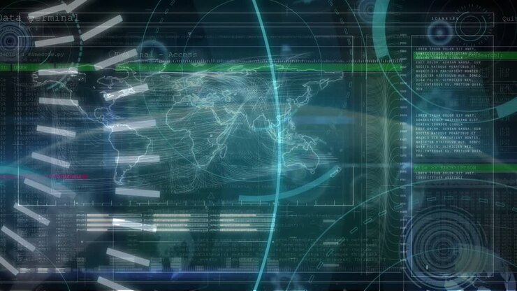 Animation of 5g text, map, loading circles and bars over abstract background