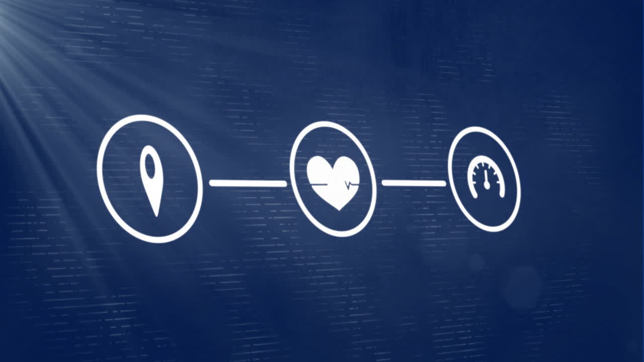 Animation of tooth, heart, speedometer icons on blue digital background in school