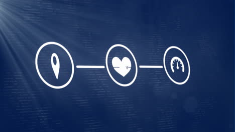 animation of tooth, heart, speedometer icons on blue digital background in school