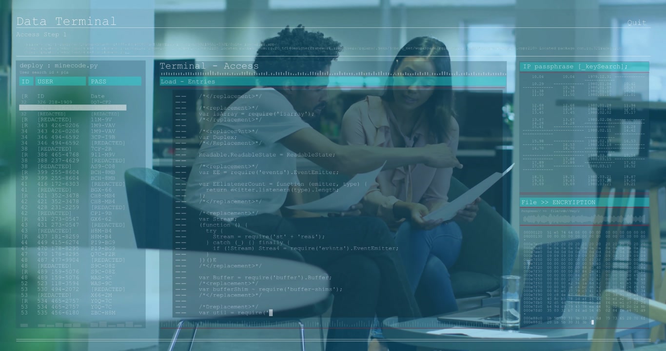 Coworkers reviewing printed report sheets in lounge, fading tech overlay matching code on laptop