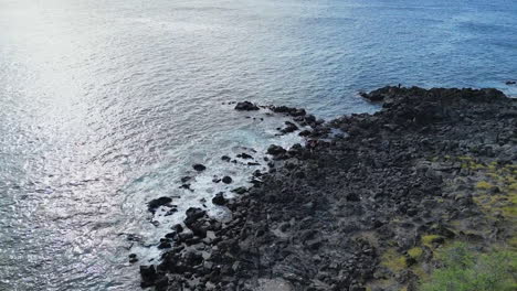 rocky volcanic coastline shore in big island hawaii, aerial drone rising shot