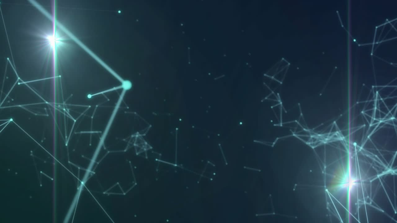 Appearing lines connecting teal nodes, pulsing flares fueling expanding then shrinking network
