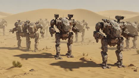 a battalion of advanced robotic mechs marching through a vast desert landscape, showcasing futuristic technology and military design amidst sand dunes