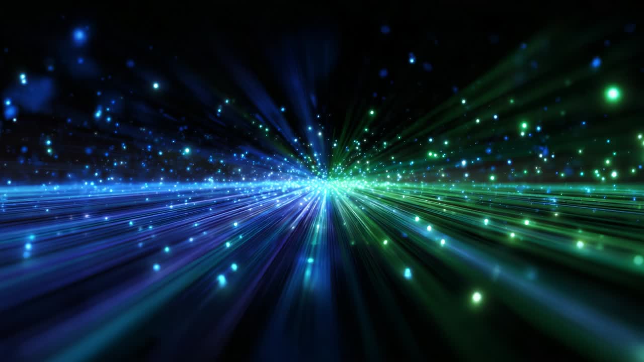 A mesmerizing visual journey through a cosmic landscape illuminated by vibrant blue and green particle streams, creating a dynamic sense of depth and movement as lights radiate towards an infinite horizon