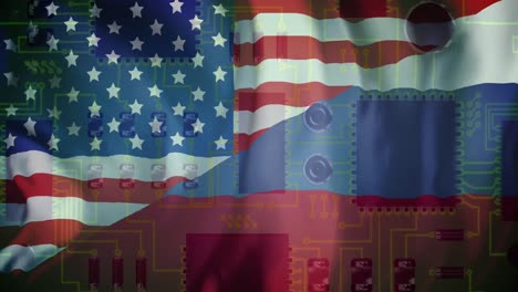 animation of circuit board over flag of russia and united states of america