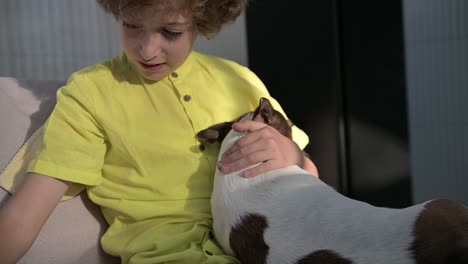 blond boy with curly hair caresses his dog sitting on sofa in living room