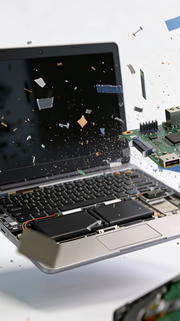 Vertical video: Detaching laptop components drifting upward at white studio, motherboard separating