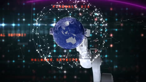 animación del brazo del robot que recoge el globo con la red de comunicación contra las luces de datos intermitentes