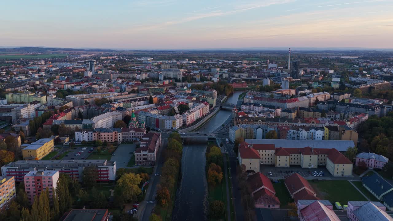 Bird's eye view of the city of Olomouc with the river. Historic district with universities and churches