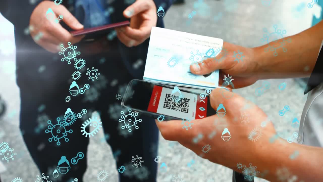 video compuesto digital de rostros humanos con máscara y iconos de células de covid-19 que se mueven contra la persona