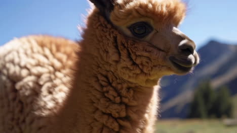 close-up of a fluffy alpaca in a mountain setting