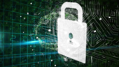 Animation of padlock with computer circuit board and digital human brain on black background