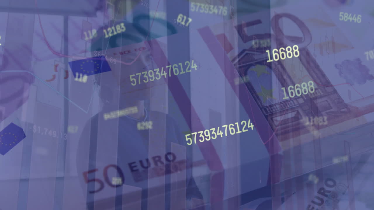 Animation von Finanzdatenverarbeitung über einer asiatischen Geschäftsfrau im Büro.