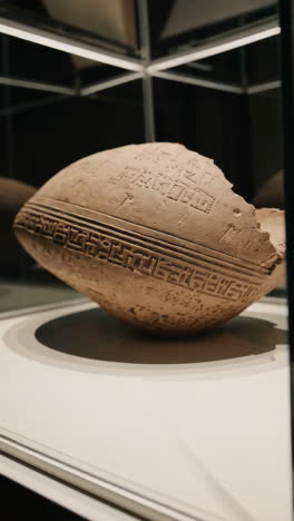 antique broken clay pot in museum display case