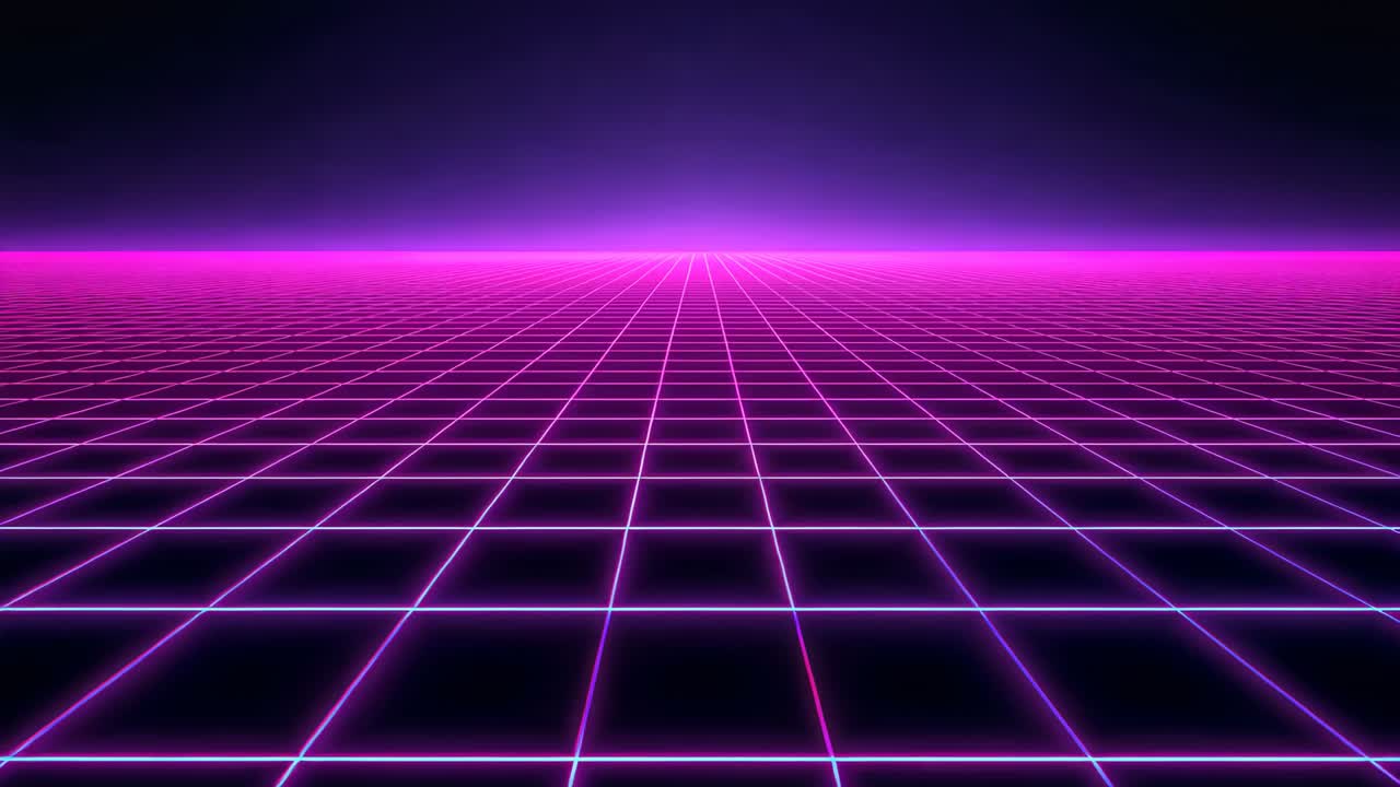 Shifting neon magenta grid plane moving forward across virtual horizon, pulsing pink glow and haze