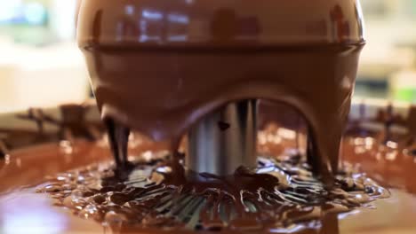 captivating chocolate falls: a close-up look at the elegance and texture of melting chocolate flowing from a fountain, creating a delicious visual delight