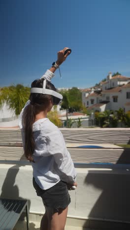 woman using vr headset on a patio