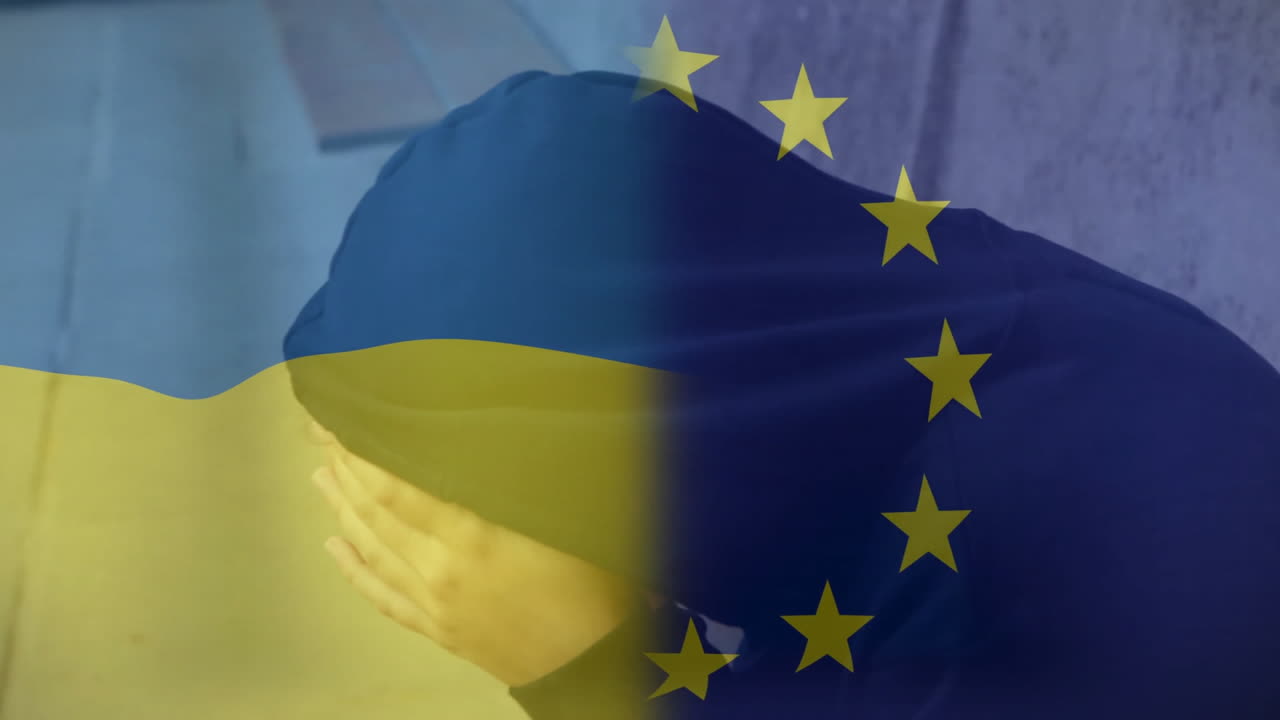 Holding head in hands, person with Ukraine and EU flags overlaying face