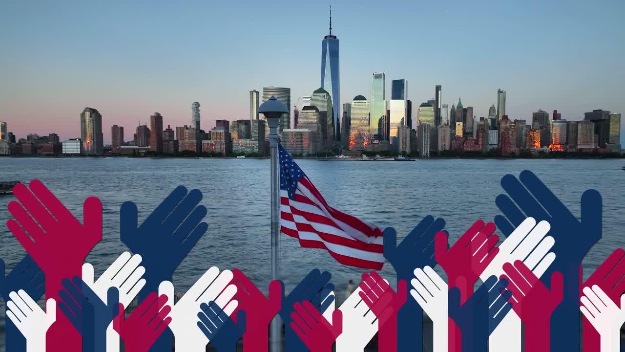 American flag and New York City skyline with voting hands in USA election