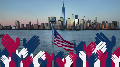 american flag and new york city skyline with voting hands in usa election