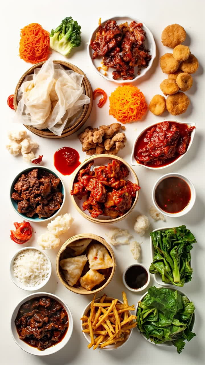 Assortment of Chinese and Asian Dishes on a White Background