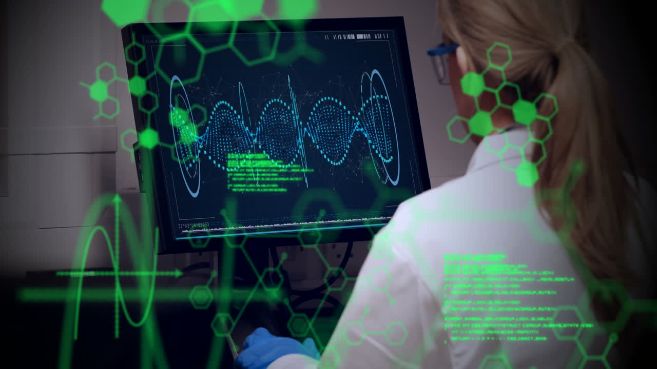 animación del lenguaje informático, estructuras moleculares, investigadores caucásicos examinando la hélice de adn