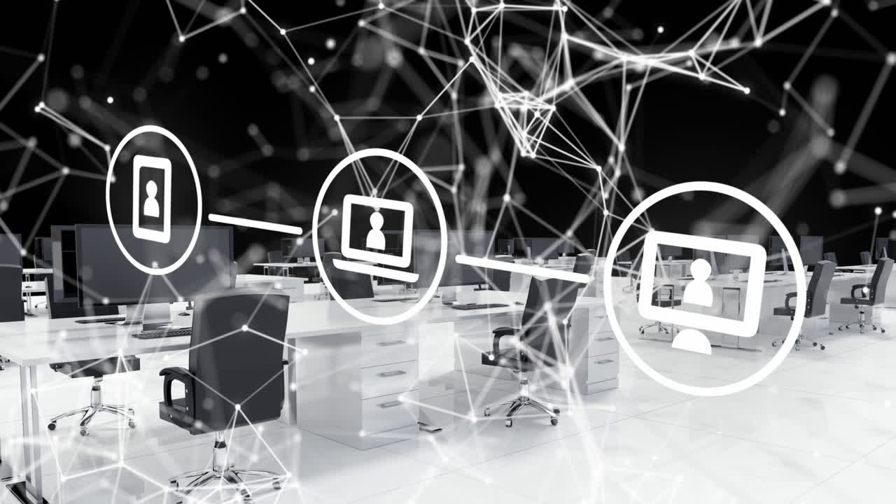 цифровая анимация демонстрирует глобальную сетевую технологию с иконами и обработкой данных.