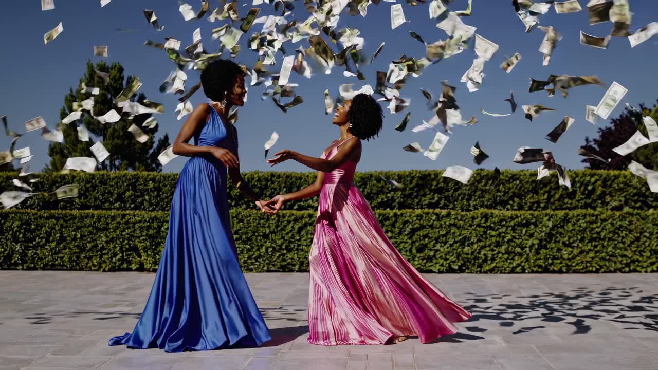 mujeres ricas en fluidos vestidos azules y rosados revelándose bajo el dinero que cae, experimentando puro júbilo mientras disfrutan del éxito financiero al aire libre con sonrisas alegres y movimientos lúdicos