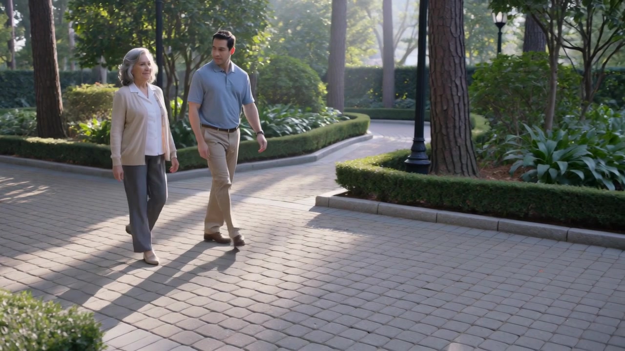 Entering left, couple in cardigan and polo walking and talking along paved garden drive with lamps