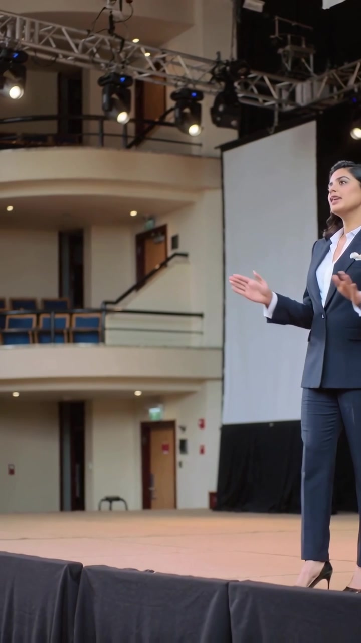 Vertical video: Stepping from lectern, woman presenting points on stage in navy suit, copy space