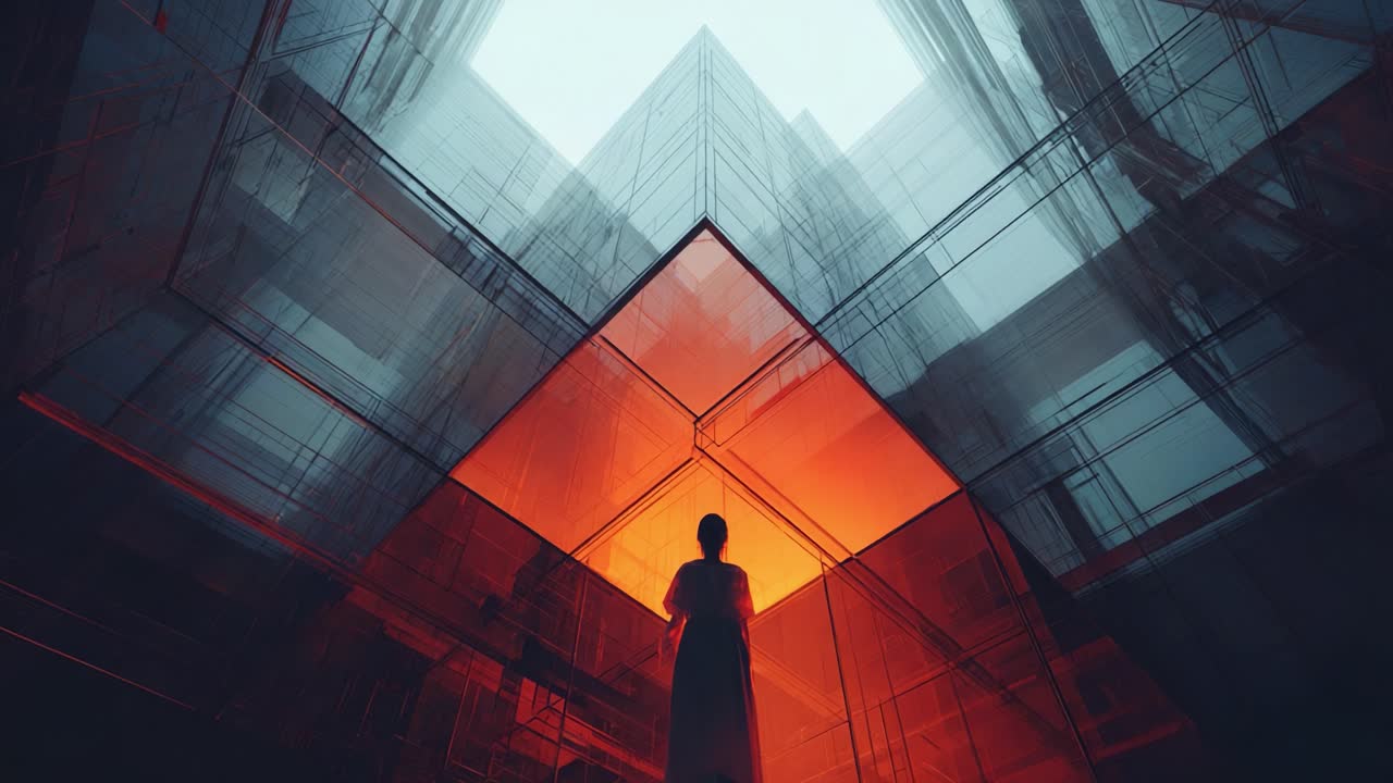 A hauntingly surreal scene features a solitary figure standing amidst mirrored cubical structures, illuminated by an ethereal glow, creating a mesmerizing contrast of light and shadow
