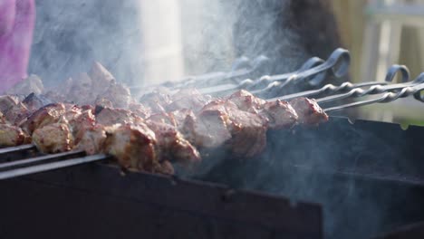 Carne-De-Cerdo-Jugosa-Y-Marinada-Con-Especias-Y-Hierbas-En-Carbones-Ardientes-En-Una-Parrilla-De-Barbacoa,-Humo-En-Cámara-Lenta