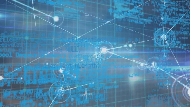 Animation of network of connections and data processing against clouds in the blue sky