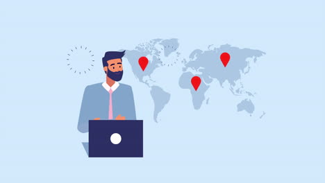 hombre de negocios con portátil y mapas del mundo de animación
