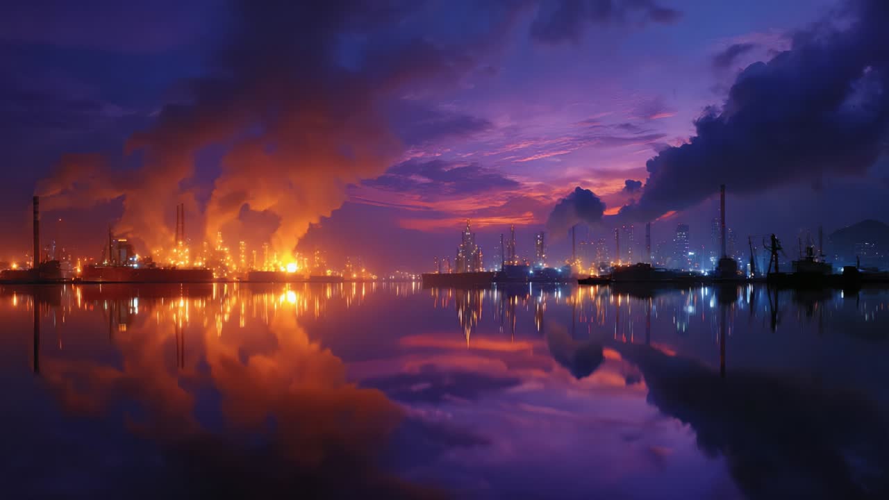 A breathtaking view of an industrial landscape illuminated by vibrant orange and blue hues reflects on a serene body of water, showcasing the contrast between nature and human activity during twilight hours