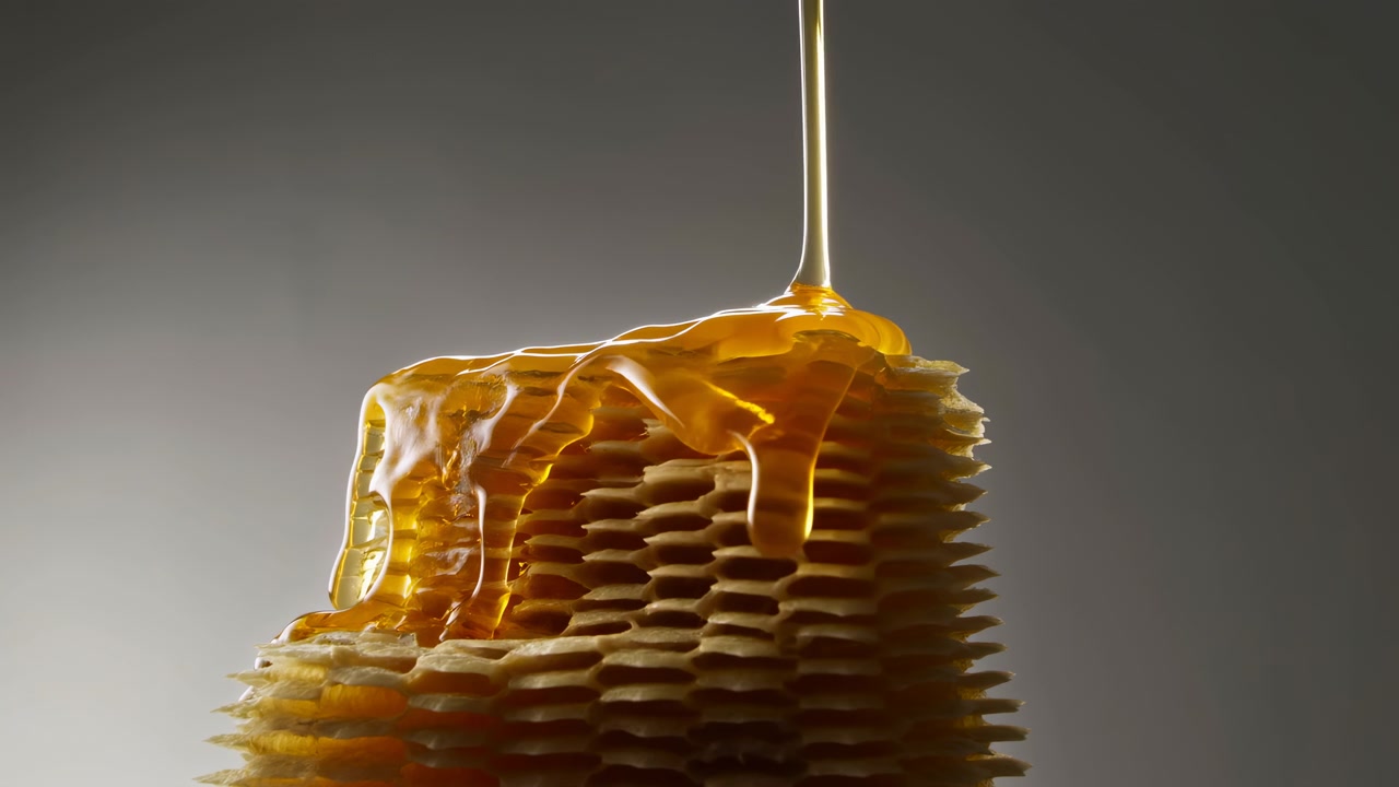 Un sottile flusso di miele dorato cade su fogli di favo impilati, espandendosi in una pozza luminosa, cascando su una texture di cera a strati e creando gocce lucide, bagliore ambrato, ricchi dettagli esagonali.