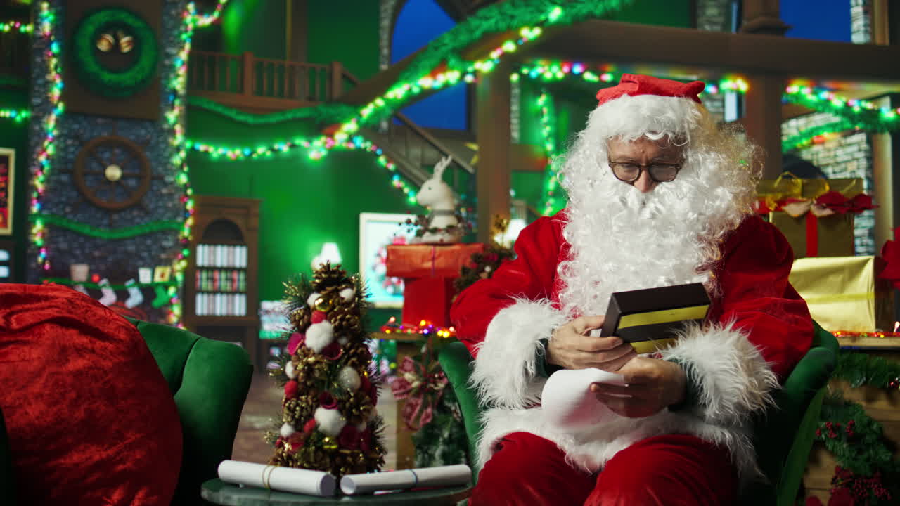 산타클로스가 편지를 쓰고 선물을 검사하는 것