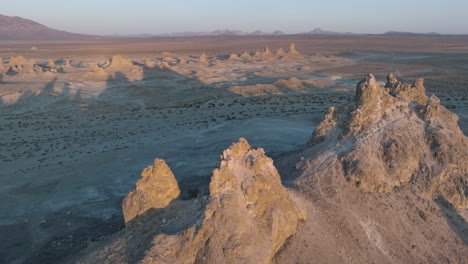 aerial drone shot trona pinnacles california desert at sunset