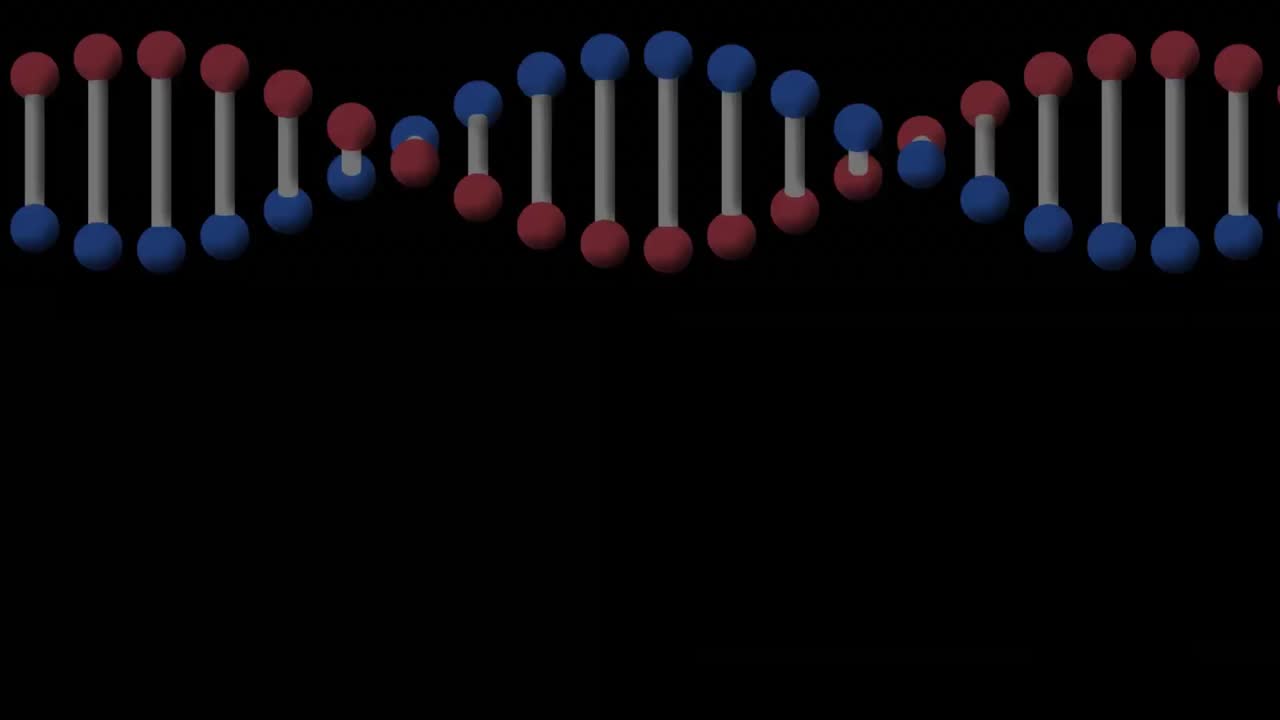 검은색에 회전하는 dna 가닥 위에 움직이는 왜곡된 파란색 네온 다이아몬드의 애니메이션