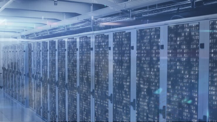 Animation of data processing and mosaic squares against computer server room