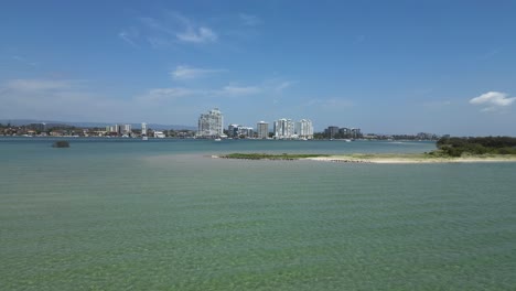 a flock of migratory seabirds rest on a natural sand island close to a urban city skyline