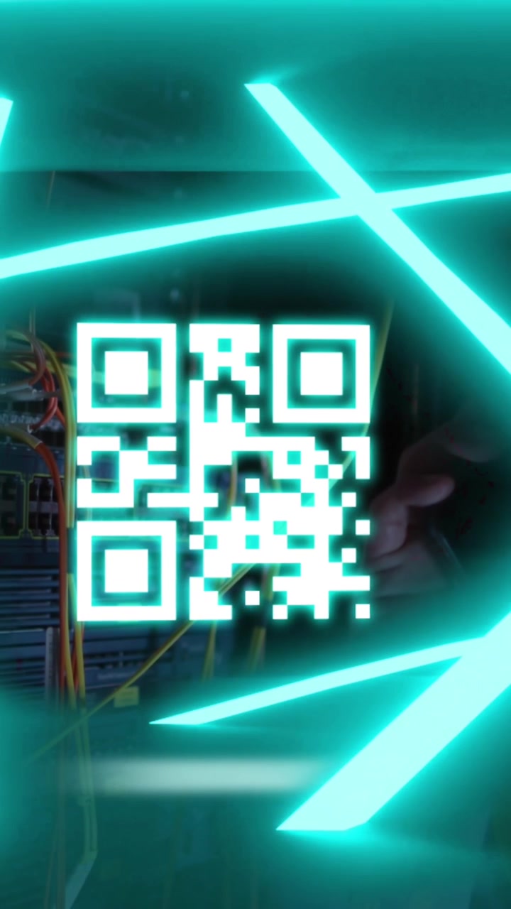 Animation of qr code and neon shapes over asian businessman in server room