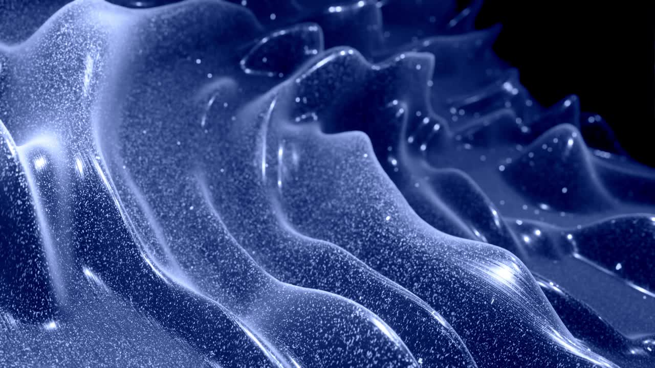 Stylish festive black bg. Fantastical abstract looped background, waves move on glossy surface like landscape made of liquid blue wax with sparkles. Beautiful soft background with smooth animation 4k