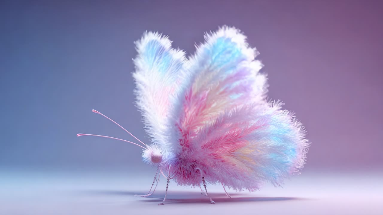 A Vibrant and Colorful Fluffy Butterfly Transforms in Motion, Showcasing Its Unique and Whimsical Texture Against a Soft Gradient Background
