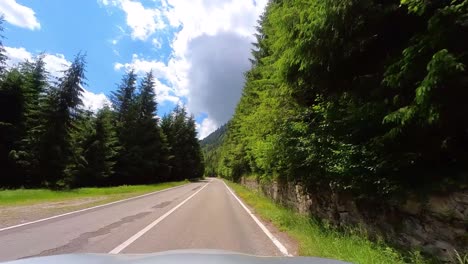 Car-Driving-On-A-Mountain-Road-Surrounded-By-Tall-And-Green-Fir-Trees-With-A-Clear-Blue-Sky-And-Thick-White-Clouds,-Transfagarasan,-Romania