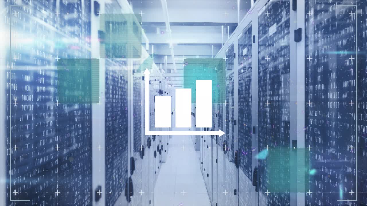 Animation of glitch effect over bar graph icon against computer server room