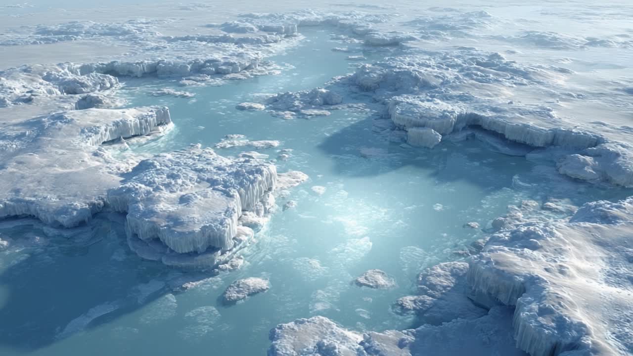 Aerial View of Serene Glacial Landscape with Icy Formations and Calm Ocean Waters Under Bright Light, Capturing Nature's Untamed Beauty and Tranquility