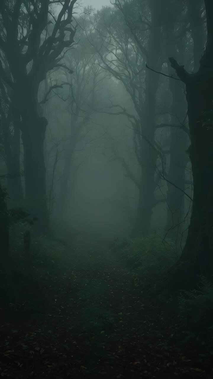 Vertical video: Stirring wind moving fog along narrow trail into misty forest, with bare trees